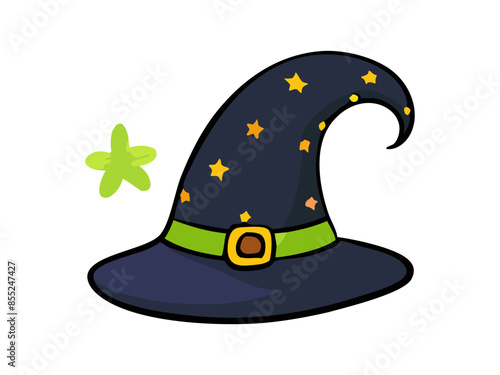 Witch hat isolated on a white background. Hand drawn Wizard pointed hat. Concept of Halloween, Magic, Wizard Accessory, Fantasy Icon, Festive Design. Print, design element