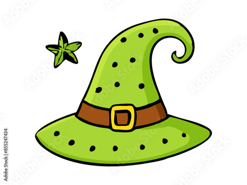 Witch hat isolated on a white background. Hand drawn Wizard pointed hat. Concept of Halloween, Magic, Wizard Accessory, Fantasy Icon, Festive Design. Print, design element