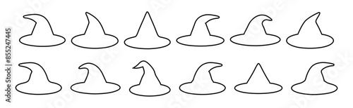 Set of Black outlines of witch hats isolated on white background. Wizard pointed hats. Concept of Halloween accessory, magic symbol, minimalist style. Print, design elements, coloring page