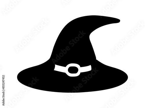 Black silhouette of a witch hat isolated on a white background. Wizard pointed hat. Concept of Halloween accessory, magic symbol, minimalist style, festive decor. Print, icon, design element.