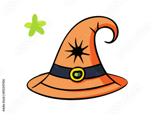 Witch hat isolated on a white background. Hand drawn Wizard pointed hat. Concept of Halloween, Magic, Wizard Accessory, Fantasy Icon, Festive Design. Print, design element