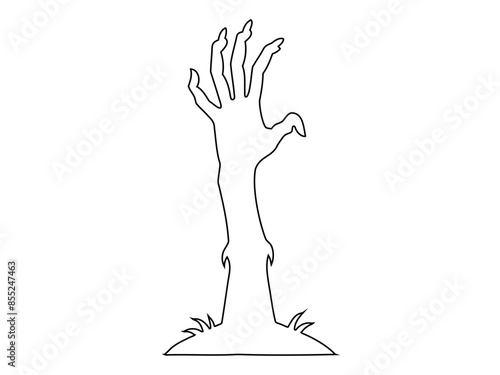 Black outline of creepy zombie hand isolated on a white background. Eerie monster hand. Concept of horror, Halloween, creepy design. Print, design element, coloring page. Graphic art