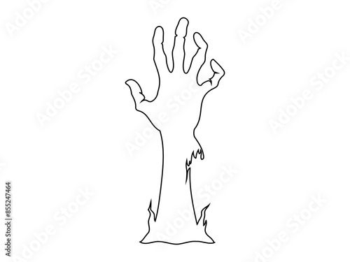 Black outline of creepy zombie hand isolated on a white background. Eerie monster hand. Concept of horror, Halloween, creepy design. Print, design element, coloring page. Graphic art