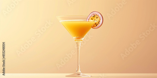 A passion fruit martini cocktail, garnished with a slice of passion fruit, rests on a light background photo