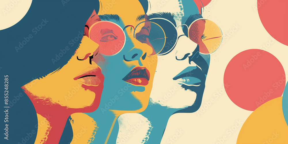 A colorful and stylized illustration of three women wearing sunglasses International Youth Day A colorful and stylized illustration of three women wearing sunglasses International Youth Day