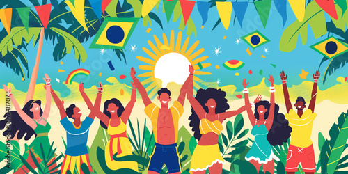 A vibrant illustration celebrating Brazilian Independence Day, featuring people raising their hands in joy