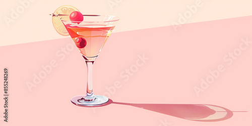 A single cosmopolitan cocktail with a lemon and cherry garnish sits on a pink background