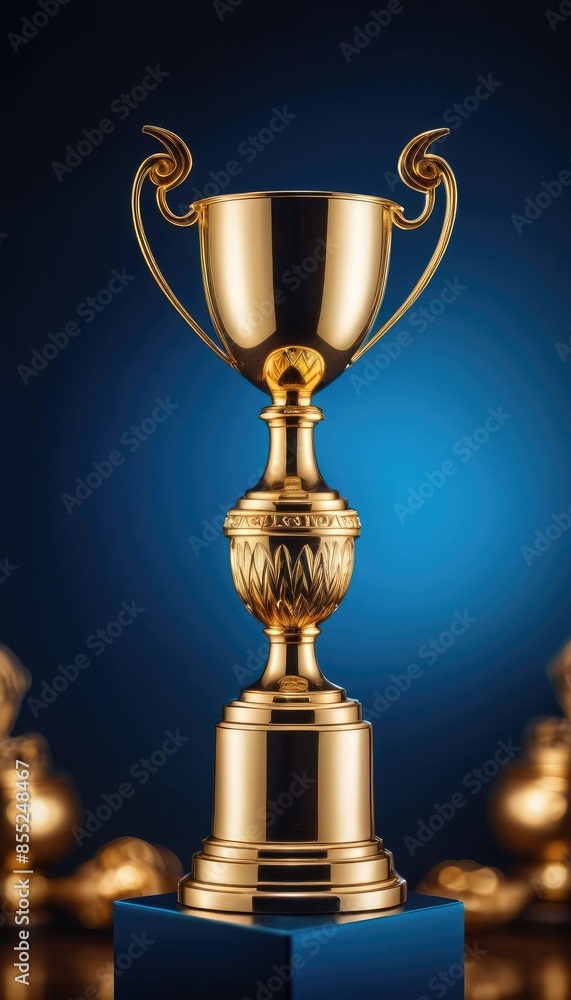 A gleaming gold trophy with intricate designs, symbolizing victory and achievement, set against a deep blue background A gleaming gold trophy with intricate designs, symbolizing victory and achievement, set against a deep blue background