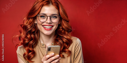 A red-haired girl looks at her phone and laughs. Her vibrant hair and joyful expression capture a moment of genuine amusement, highlighting her cheerful personality and the engaging content on her pho