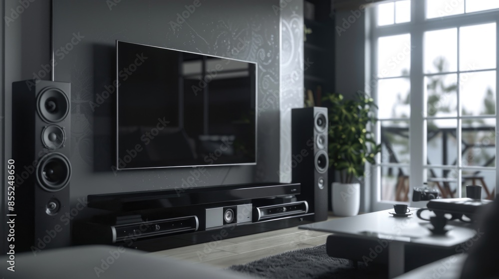 Fototapeta premium A flat screen TV sits atop a rustic wooden table, ready for viewing or entertainment