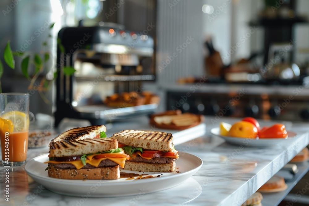 A sandwich placed on a plate on a kitchen counter A sandwich placed on a plate on a kitchen counter