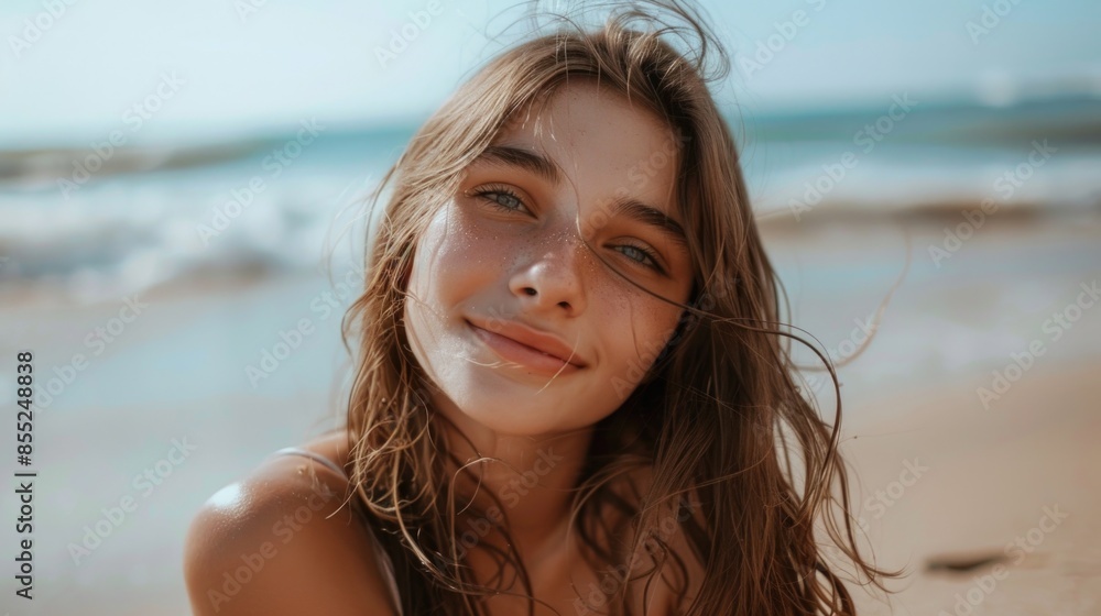 Young woman standing on top of a sandy beach, great for travel and vacation imagery Young woman standing on top of a sandy beach, great for travel and vacation imagery