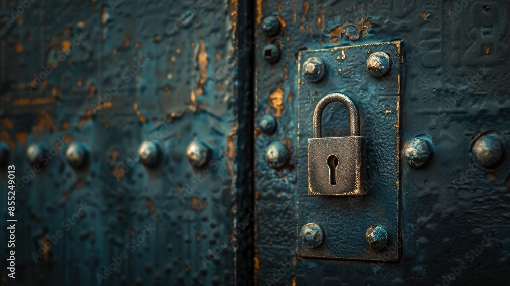 Fototapeta premium Padlock on a metal door with rivets, secure and locked