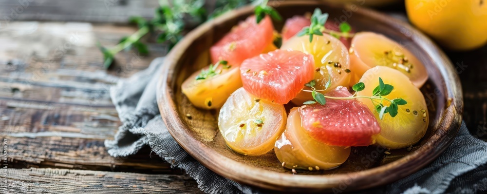 Fresh grapefruit and orange salad with thyme on wooden plate Fresh grapefruit and orange salad with thyme on wooden plate