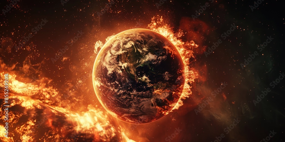 A dramatic representation of a planet engulfed in flames, suitable for uses such as apocalyptic scenarios or environmental warnings A dramatic representation of a planet engulfed in flames, suitable for uses such as apocalyptic scenarios or environmental warnings