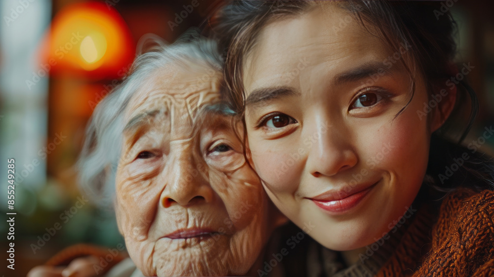 A Chinese nurse helps a joyful elderly woman, in soft, vibrant, backlit portrait.generative ai A Chinese nurse helps a joyful elderly woman, in soft, vibrant, backlit portrait.generative ai