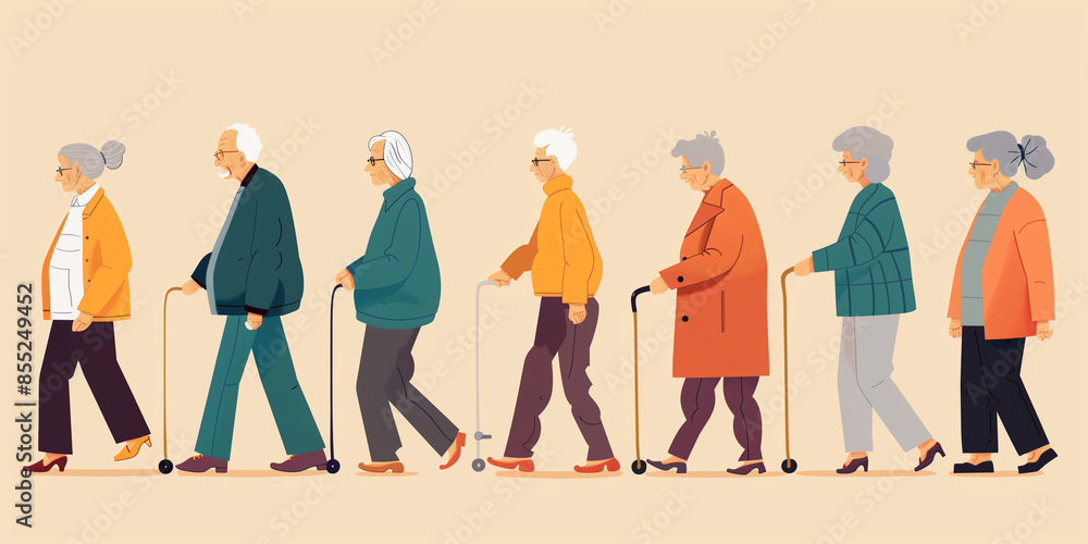 Fototapeta premium An illustration of senior citizens walking in a line, each with a cane