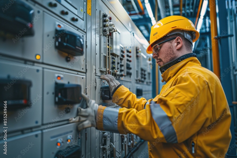 A worker in a yellow jacket and safety glasses operates a machine, providing a photo of industry or manufacturing A worker in a yellow jacket and safety glasses operates a machine, providing a photo of industry or manufacturing