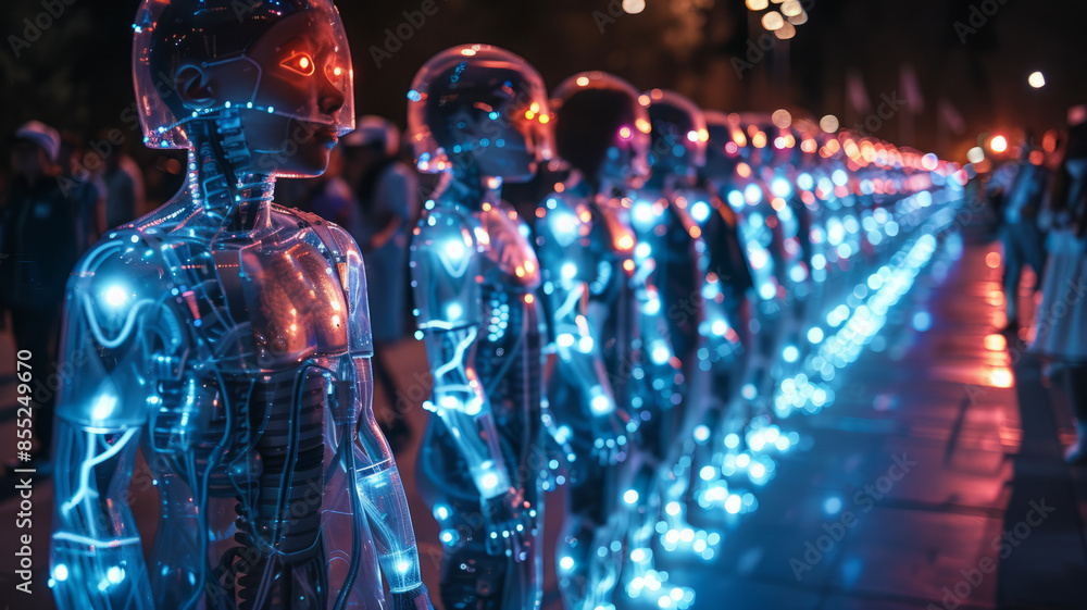 Children with cyber hands stand in line; a glowing silver android leads.generative ai Children with cyber hands stand in line; a glowing silver android leads.generative ai