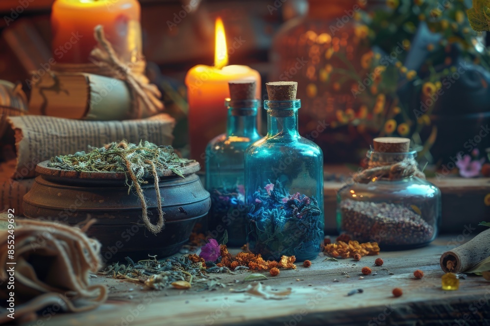A rustic wooden table adorned with glass bottles and soft candlelight, perfect for a cozy dinner party or rustic decor A rustic wooden table adorned with glass bottles and soft candlelight, perfect for a cozy dinner party or rustic decor