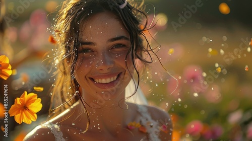 Young Woman Holding Bouquet of Flowers