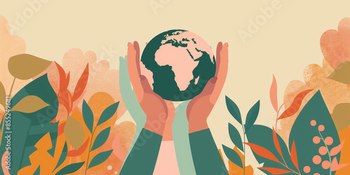 Illustration of hands holding a globe with foliage surrounding it World Humanitarian Day