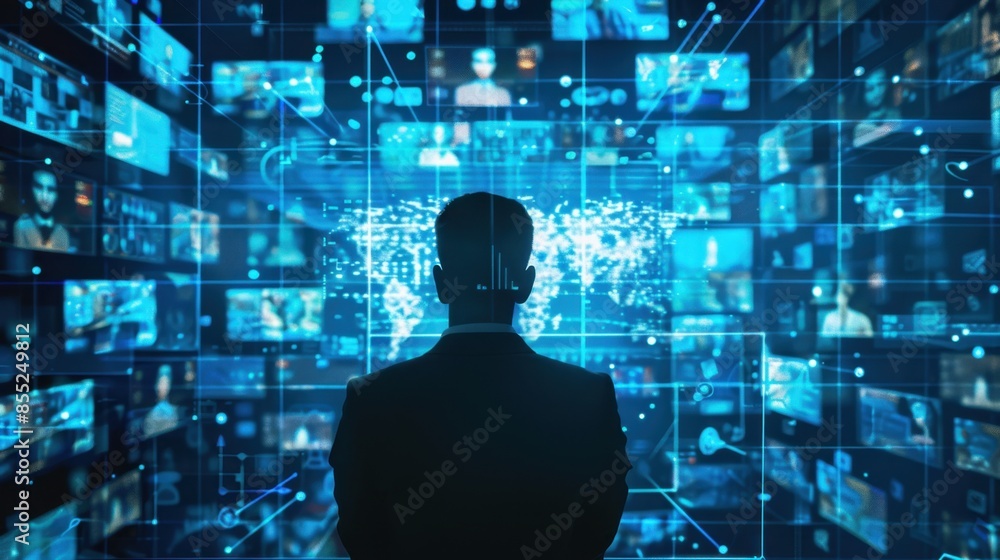 A man's silhouette stands in front of a wall of glowing digital screens, each displaying different images and information. A man's silhouette stands in front of a wall of glowing digital screens, each displaying different images and information.