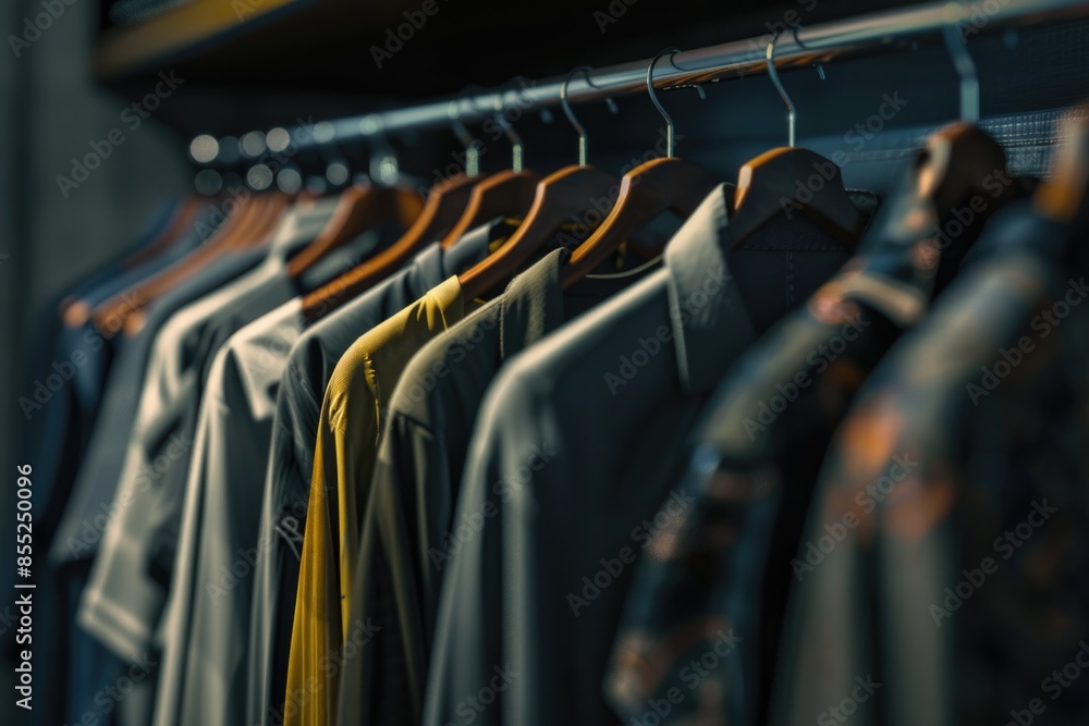 Fototapeta premium A row of clothes hanging on a rack, ready for wear or storage