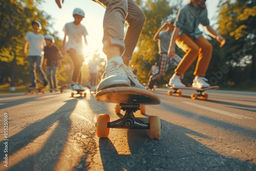 Group of teenagers skateboarding in a park, dynamic and energetic summer activity