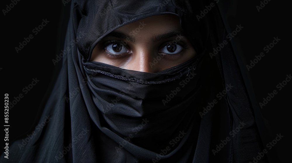 A woman with her face hidden by a black veil, likely for privacy or anonymity A woman with her face hidden by a black veil, likely for privacy or anonymity