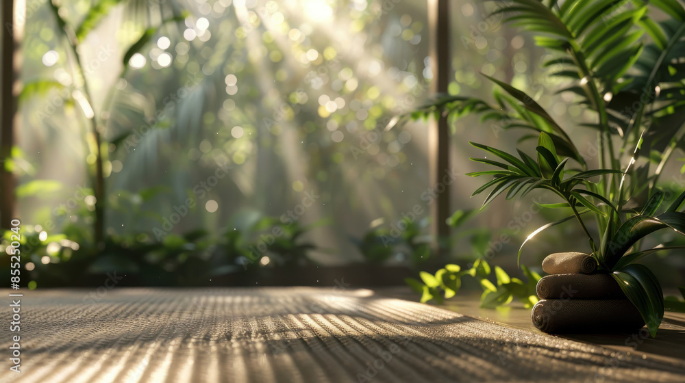 Sunlit Tranquil Yoga Studio with Green Plants Sunlit Tranquil Yoga Studio with Green Plants