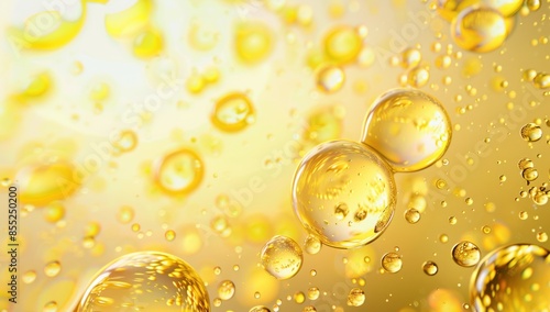 golden drops of oil on yellow background, bubbles, oil droplets Generative AI