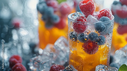 Raspberries and Blueberries in Glass With Ice