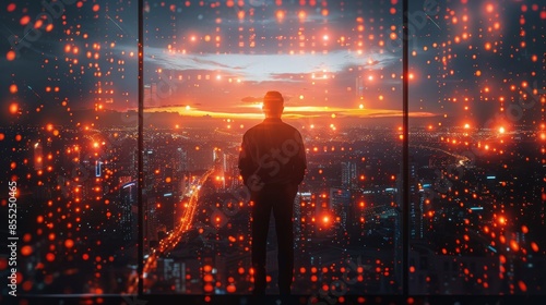 Man Observing Cityscape at Night