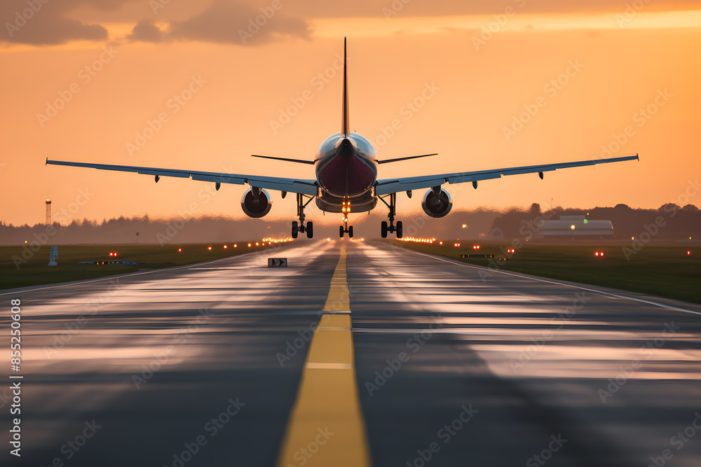 Airplane landing from the airport, front view sunset sunrise sky. Airplane landing from the airport, front view sunset sunrise sky.
