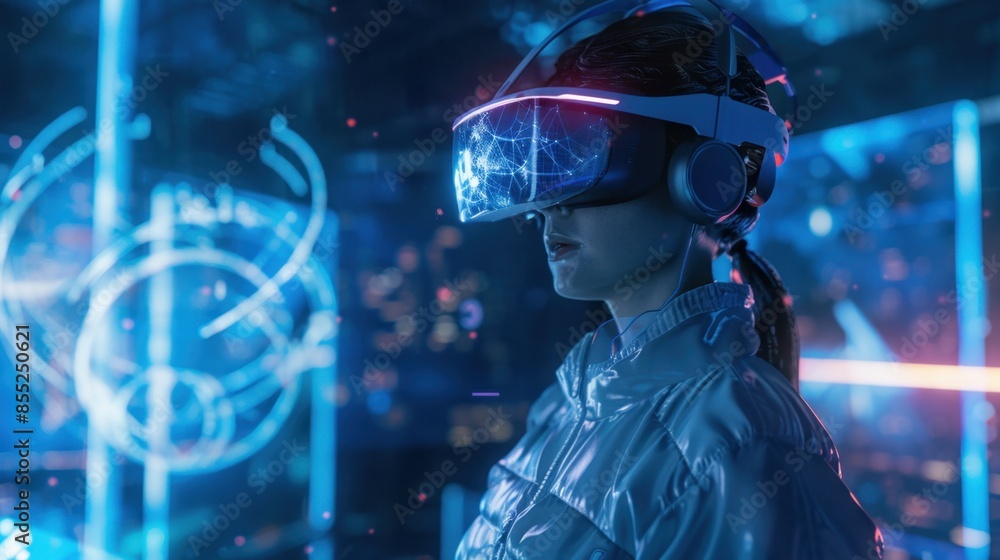 A woman in a futuristic setting wearing a VR headset is immersed in a digital landscape with blue and purple tones. A woman in a futuristic setting wearing a VR headset is immersed in a digital landscape with blue and purple tones.