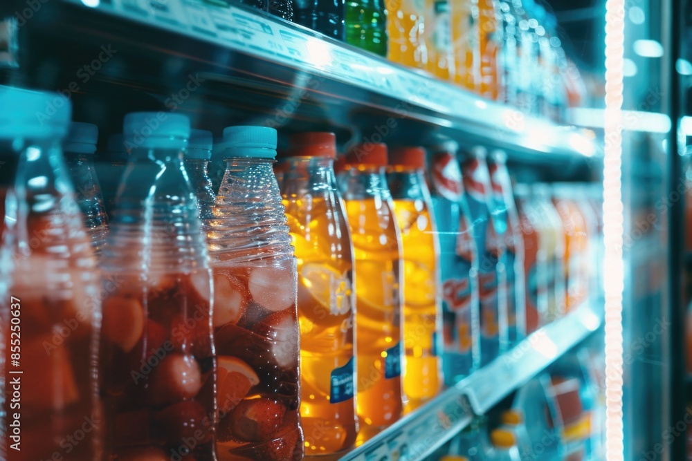 A full fridge filled with various sizes and types of soda bottles, ready for consumption or display A full fridge filled with various sizes and types of soda bottles, ready for consumption or display