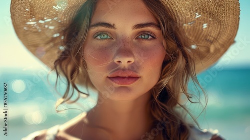 Woman in Hat Sitting on Beach