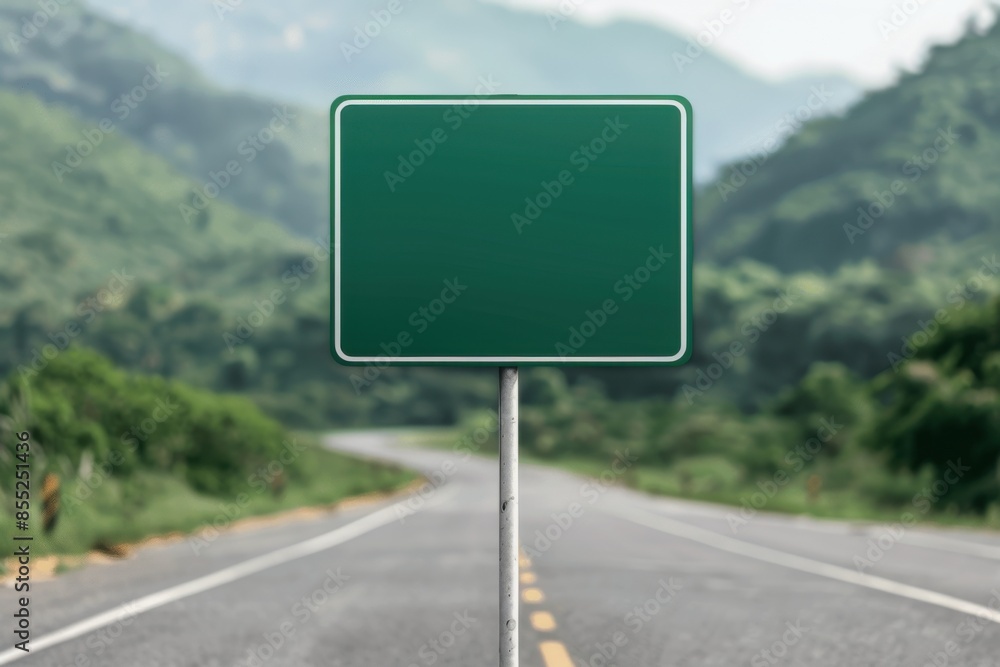 A blank green road sign stands on a winding road with lush green mountains in the background. A blank green road sign stands on a winding road with lush green mountains in the background.