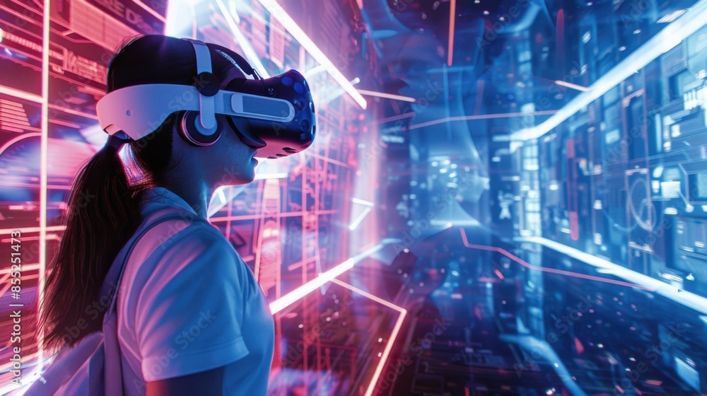 A young woman wearing a VR headset stands amidst a futuristic, neon-lit environment. A young woman wearing a VR headset stands amidst a futuristic, neon-lit environment.