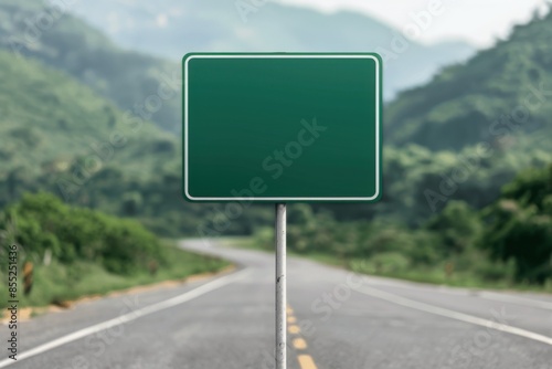 A blank green road sign stands on a winding road with lush green mountains in the background.