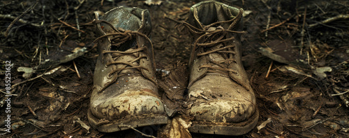 A pair of old shoes, their worn soles telling the story of journeys taken and paths walked. photo