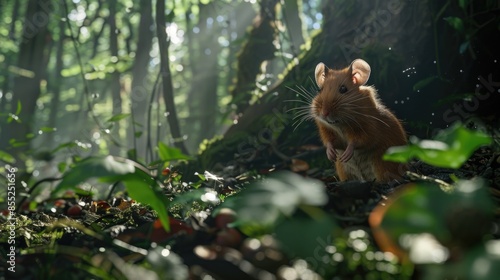 A small brown mouse sits atop a dense forest floor, surrounded by lush green foliage © Fotograf