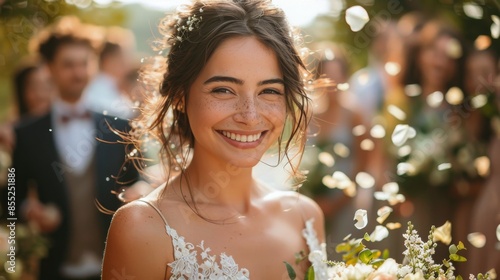 Woman in Wedding Dress Smiling at Camera