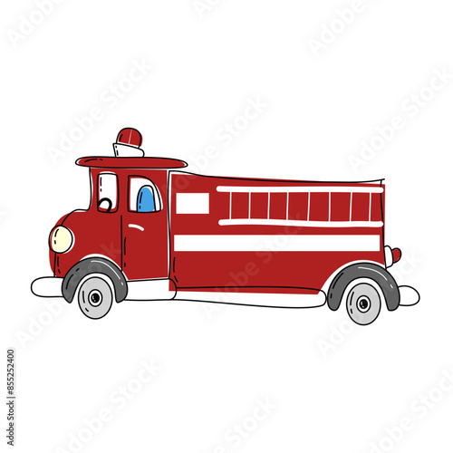 Fire and rescue icon illustration with comic style fire engine on white background