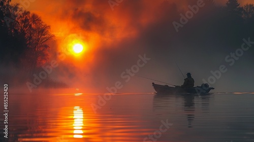 Fisherman on a boat at the setting sun