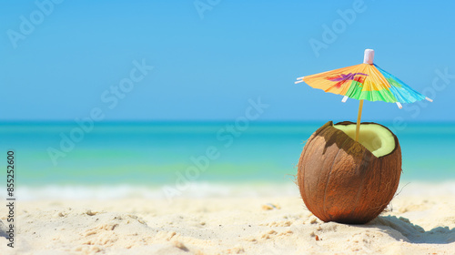 Wallpaper Mural A refreshing coconut beverage with a vibrant umbrella decoration under the crystalline blue sky. Torontodigital.ca