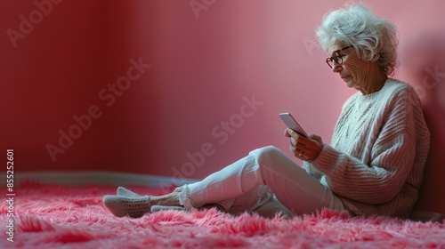 Woman Sitting on Pink Couch Holding Cell Phone