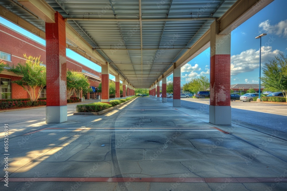 A deserted parking area with a bright red fire hydrant standing out A deserted parking area with a bright red fire hydrant standing out