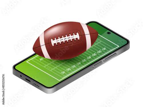 Smartphone with a football field on the screen and football. Sports betting advertising banner.